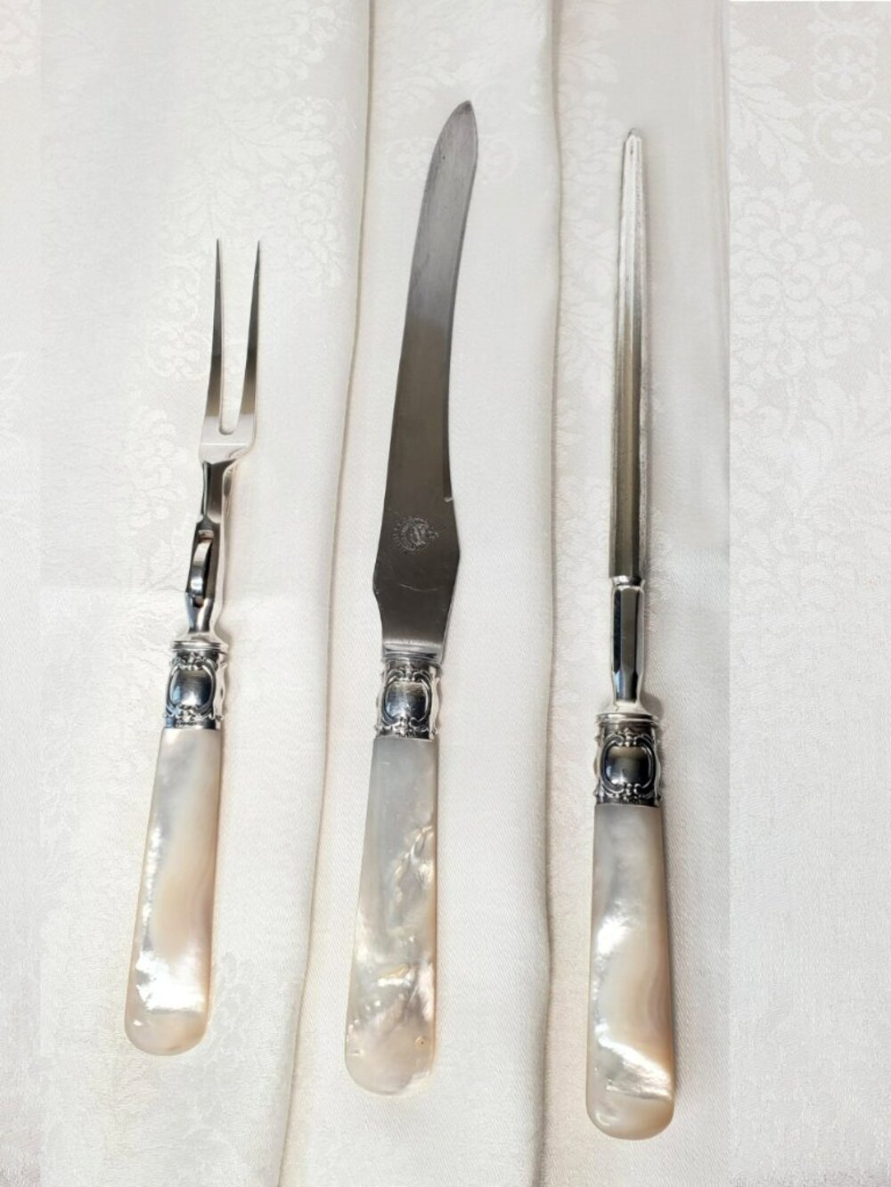 Antique 1909 Mother of Pearl Carving Set Sterling Silver 3PC